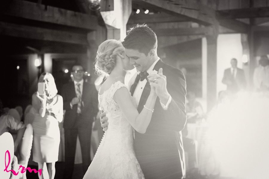 Black and white photo of first dance Bellamere Winery Event Centre London ON Wedding Photography