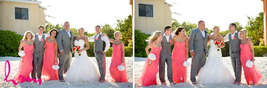 Wedding party in coral teal and gray destination wedding Mexico