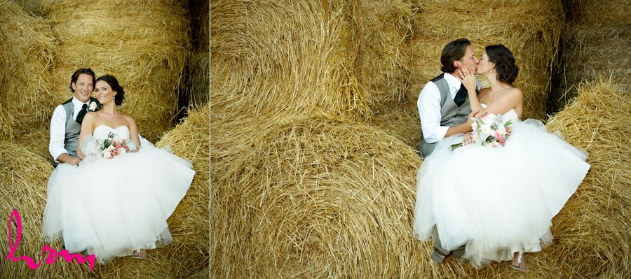 Leigh and Pete in hay bales Purple Hill Country Farms London ON Wedding Photography