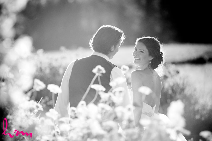 Black and white photo of Leigh and Pete in field Purple Hill Country Farms London ON Wedding Photography