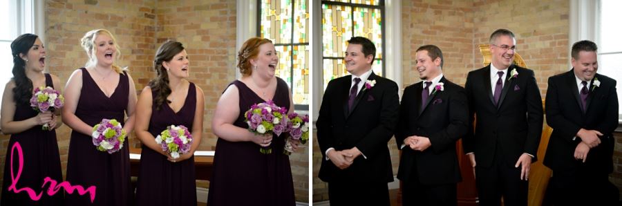 bridesmaids and groomsmen laughing during ceremony