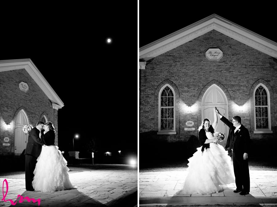 bride and groom outside church at night