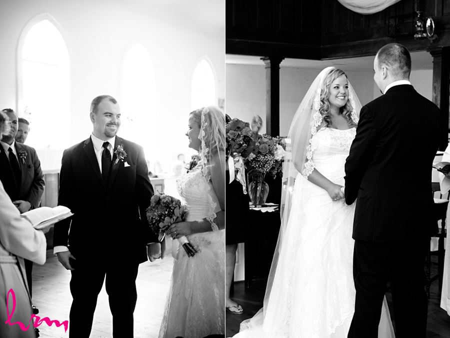 Black and white photo of Mallory and Will at the altar St. Thomas ON Wedding Photography
