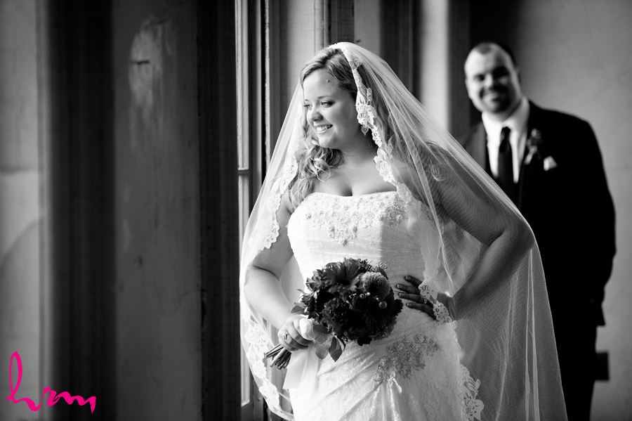 Black and white photo of Mallory and Will in CASO Railway Station St. Thomas ON Wedding Photography