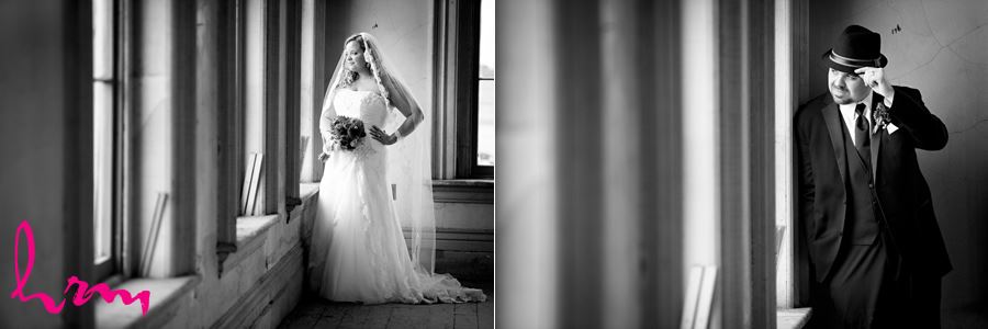 Black and white photos of Mallory and Will in CASO Railway Station St. Thomas ON Wedding Photography