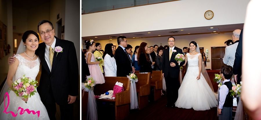 Natalie walking down aisle with father Chinese Martyrs Catholic Church Toronto ON Wedding Photography