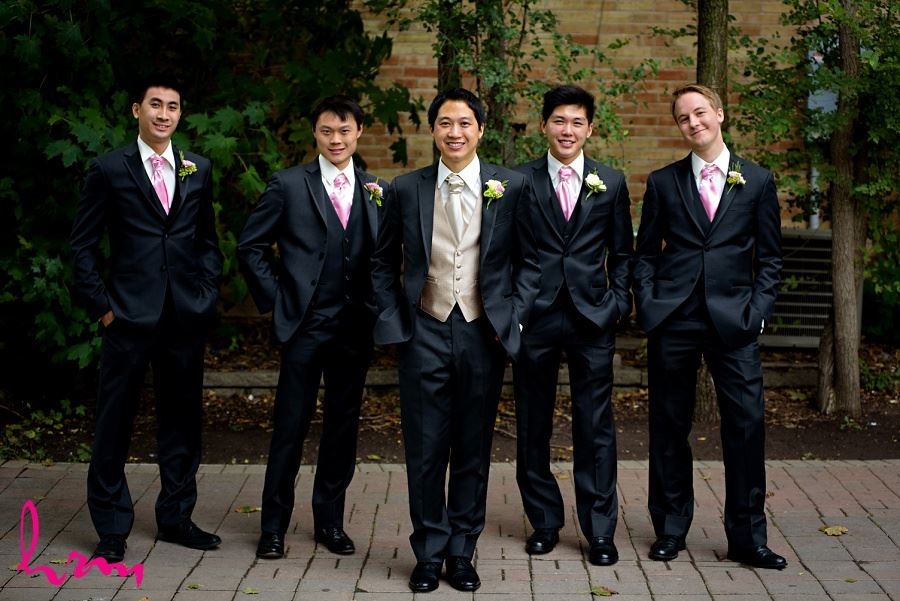 Michael and groomsmen outside Chinese Martyrs Catholic Church Toronto ON Wedding Photography