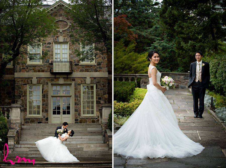 Natalie and Michael by stone buildings at Graydon Hall Manor Toronto ON Wedding Photography