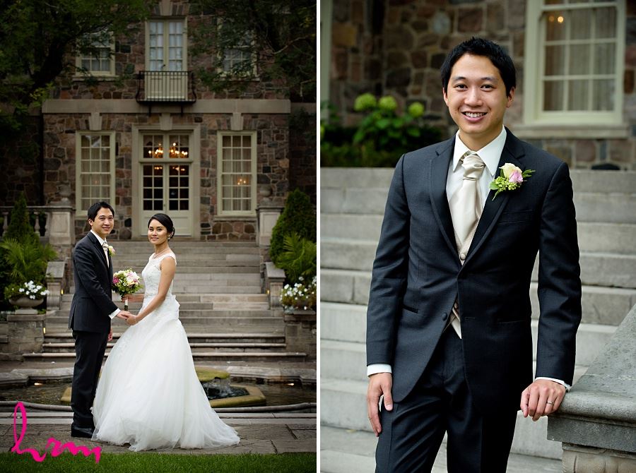 Natalie and Michael by stone buildings at Graydon Hall Manor Toronto ON Wedding HRM Photography