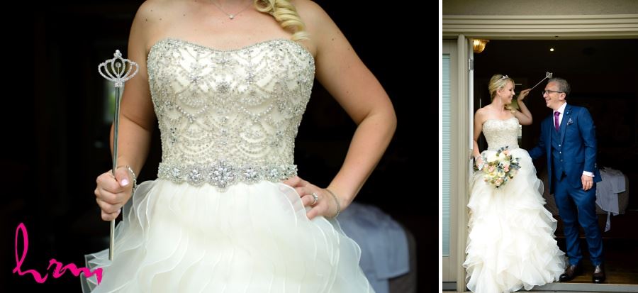 Wedding dress with ornate embellishment on bodice and chiffon tiers