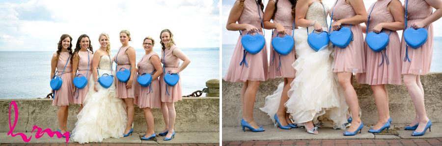 Bridal party bridesmaids in pink dusty rose dresses and blue shoes and heart purses