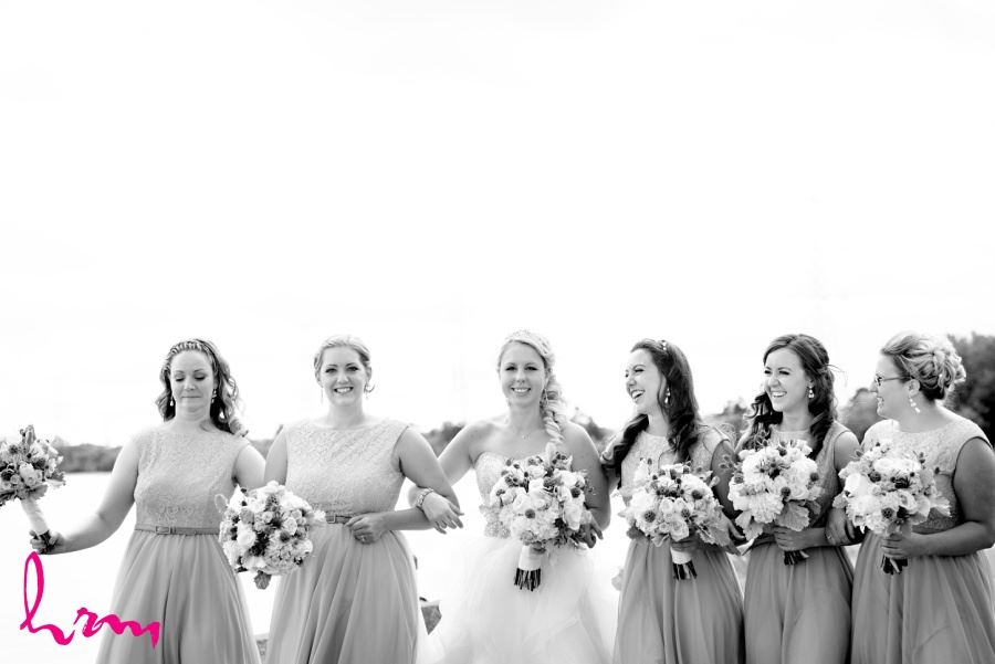 Bridesmaids on wedding day in black and white image