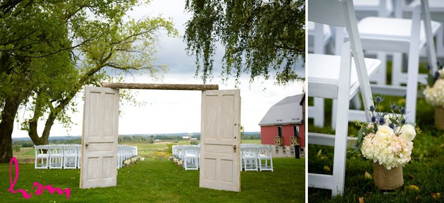 Outdoor ceremony decor ideas - old doors and burlap covered flower vases