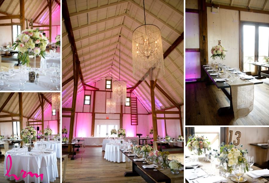 Barn reception decor ideas - pink lighting chandeliers and burlap table runners