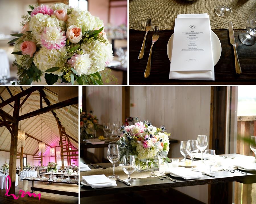 Pretty barn wedding decor with burlap table runners and floral centrepieces