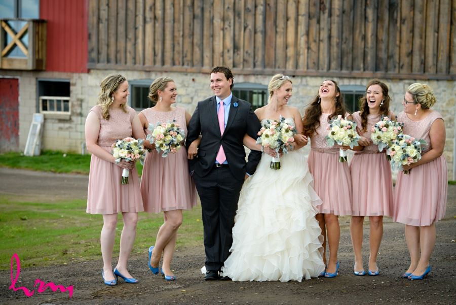 Wedding bridal party bridesmaids in pink dusty rose and blue shoes