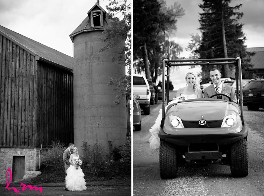 Bride and groom in golf cart