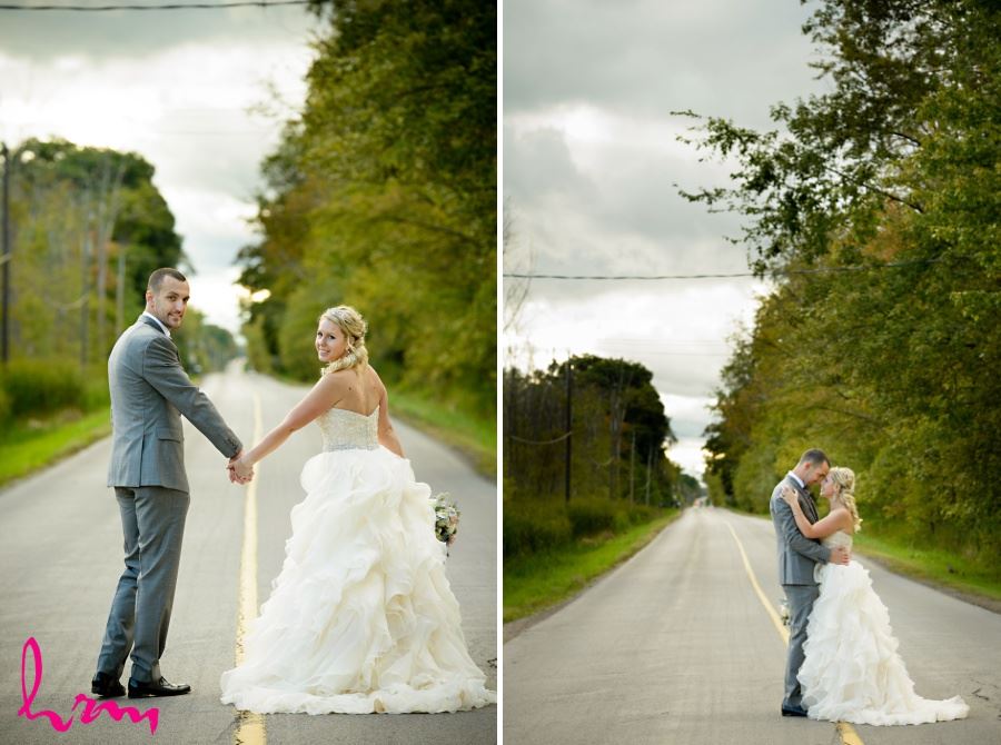 Bride and groom on old country road in Waterdown Ontario wedding photography
