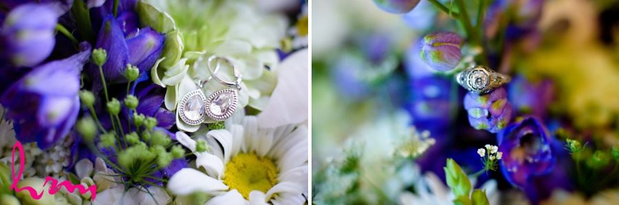 closeup of engagement ring and bridal jewellery on flowers