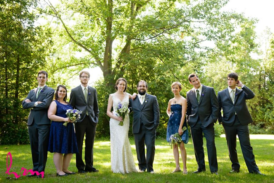 wedding party in gray green and blue