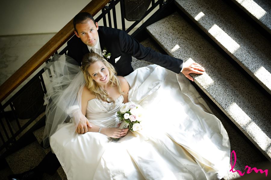 Top view of bride and groom on stairs at Western University