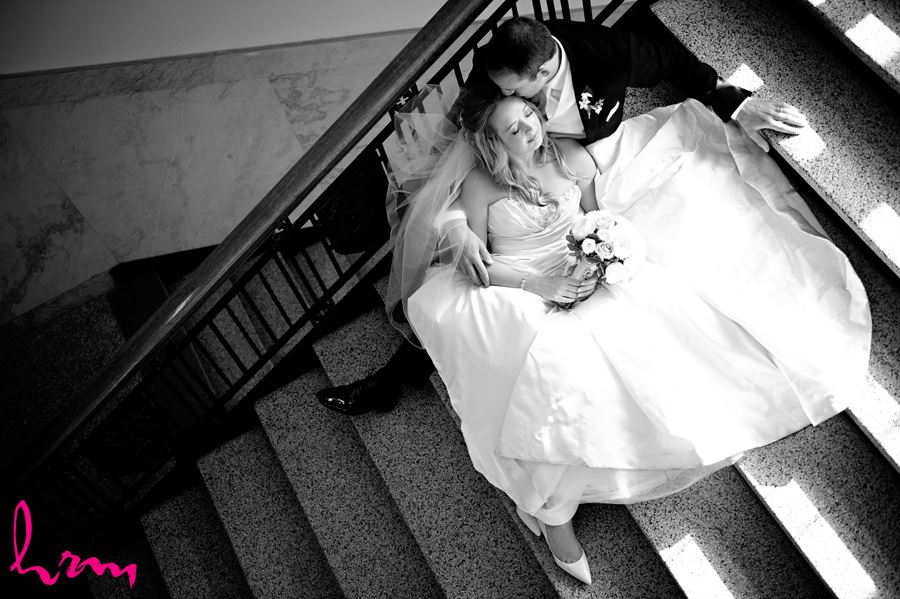 top view of bride and groom on stairs in University College at Western University