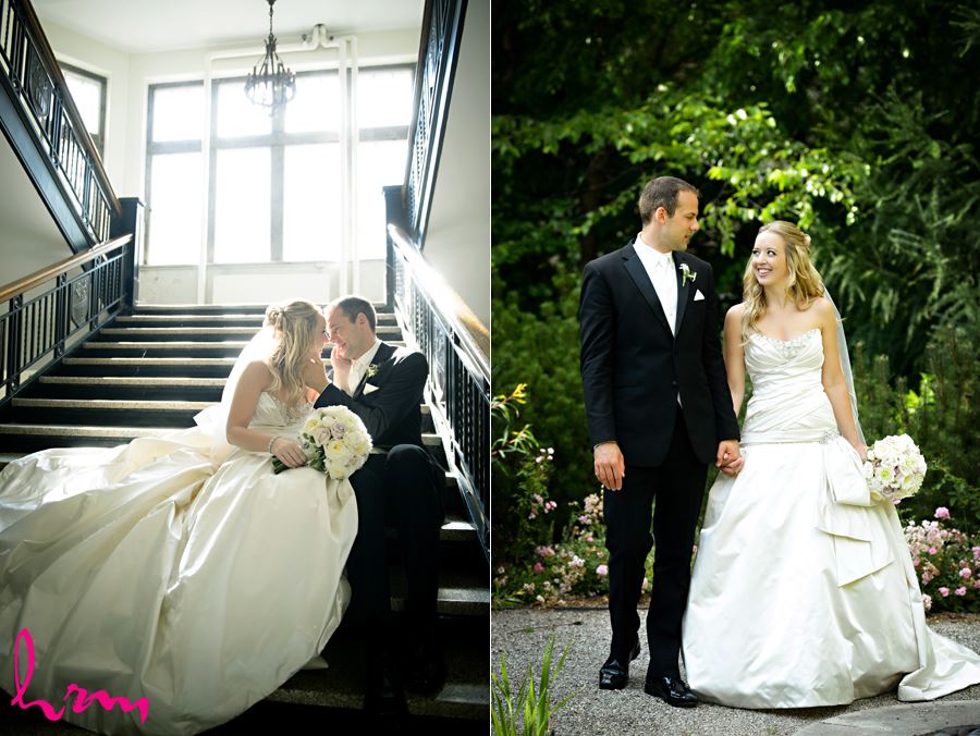 romantic photo of bride and groom cuddling on stair well at Western University