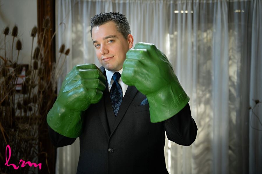 Matt with Hulk hands Windermere Manor London ON Wedding Photographyv