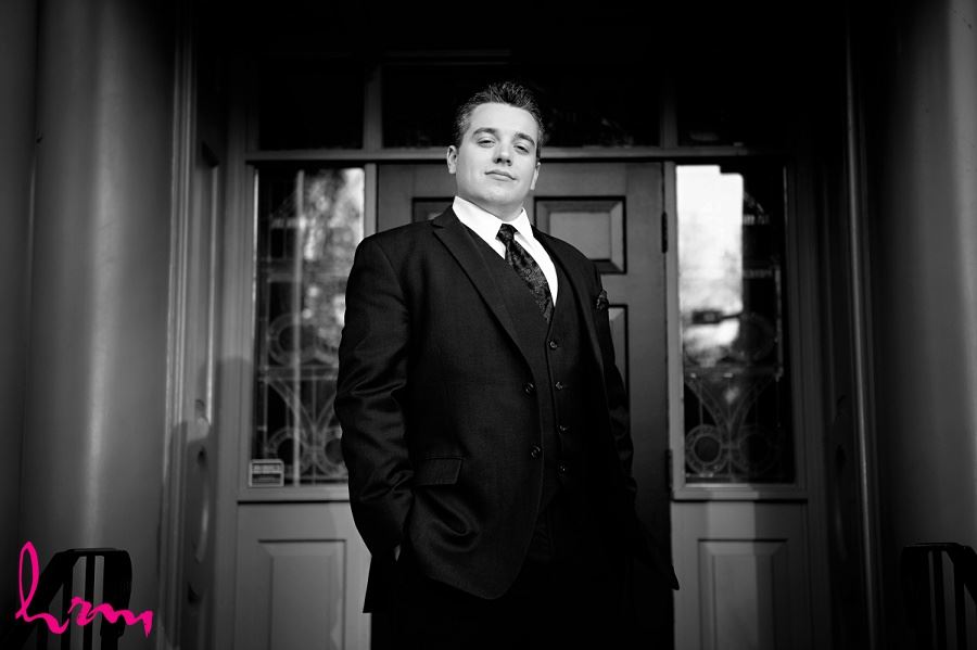 Black and white Matt outside Windermere Manor London ON Wedding HRM Photography
