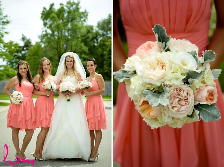 Bride with bridesmaids in coral dresses and gold shoes
