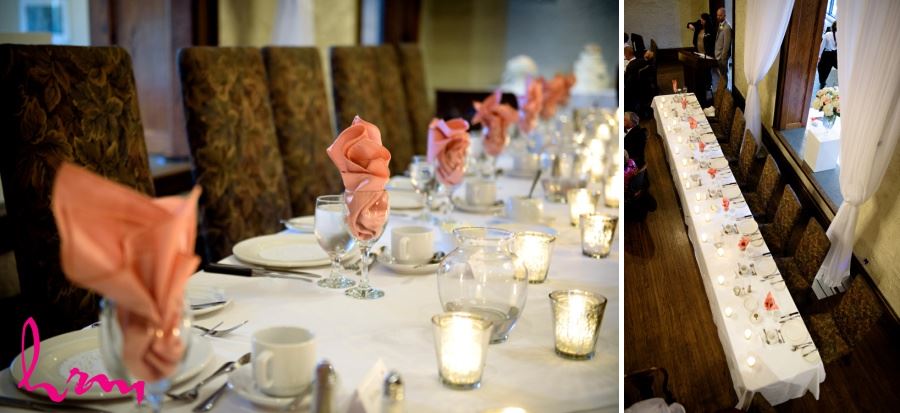 Simple head table decor with candles and coloured napkins