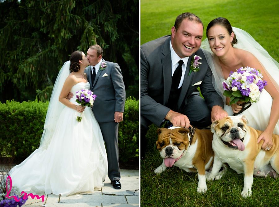 bride and groom with bulldogs