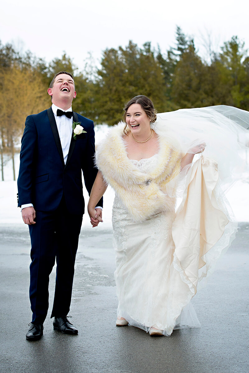 Winter wedding couple laughing grand bend wedding